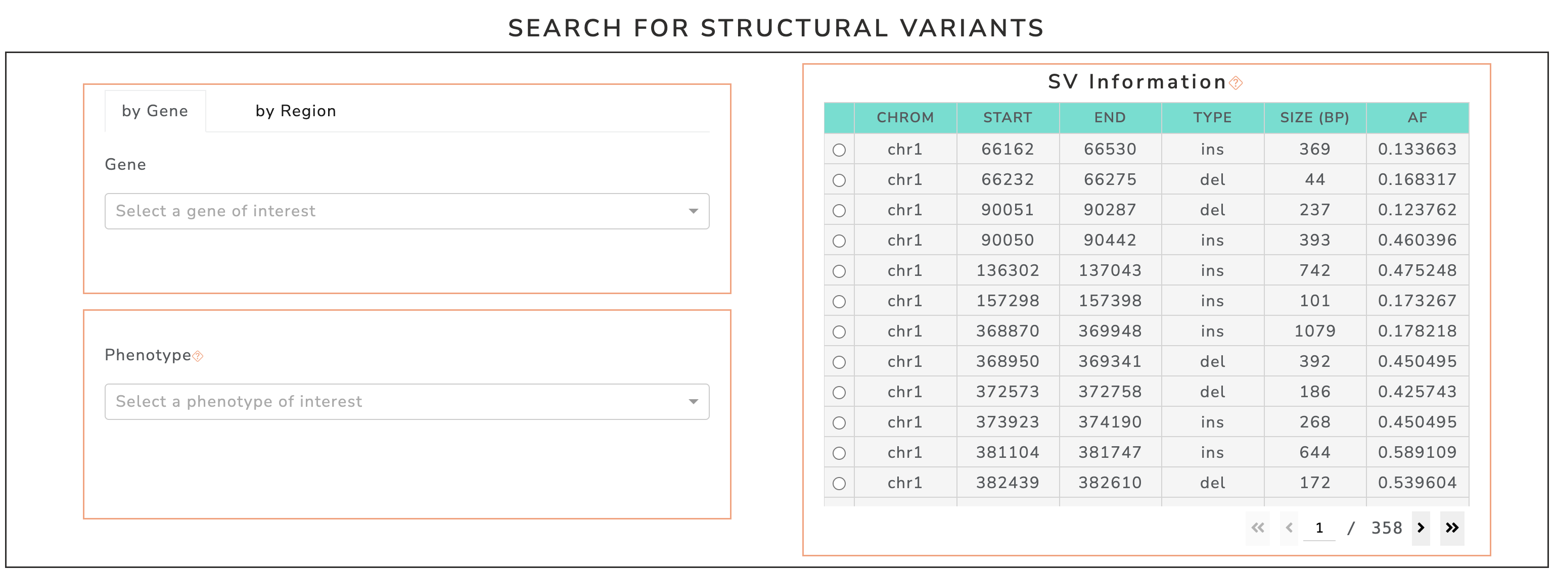 screenshot of filter section